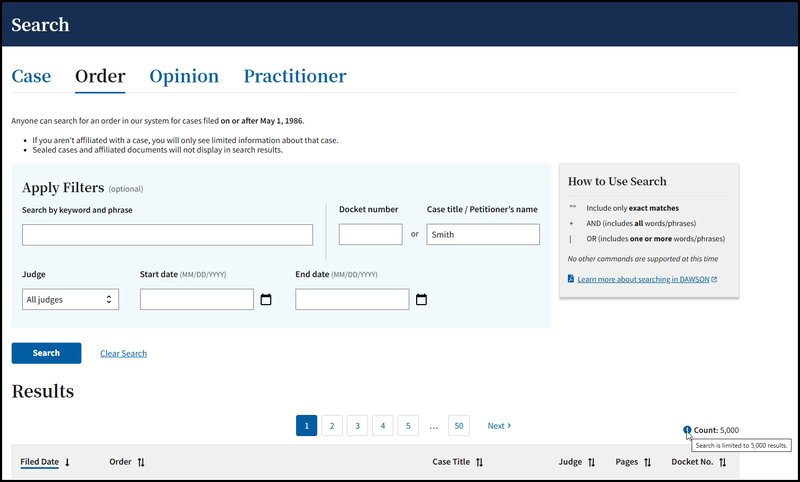 Screen capture of the DAWSON Order Search page with the help text displaying that Search is limited to 5,000 results.