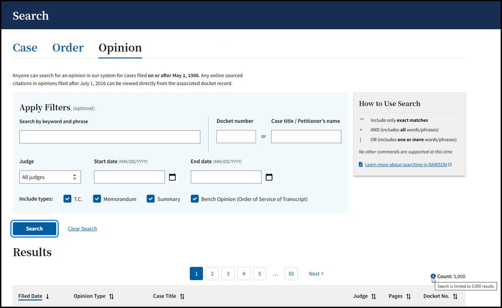 Screen capture of the DAWSON Opinion Search Page with the help text displaying that Search is limited to 5,000 results.