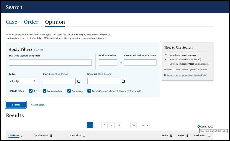 Screen capture of the DAWSON Opinion Search Page with the help text displaying that Search is limited to 5,000 results.