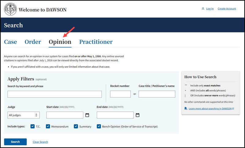 Screen capture of the Opinion Search page in DAWSON with an arrow pointing to the Opinion Header.