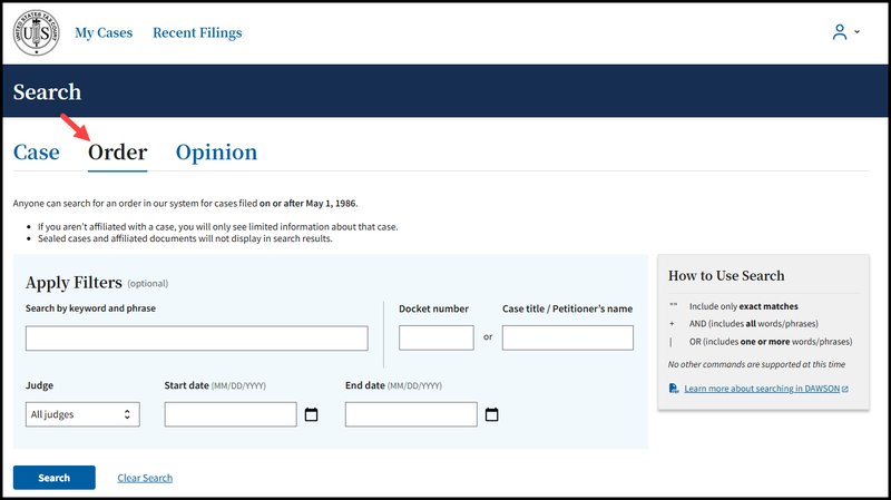 Screen capture of the Order Search page in DAWSON with an arrow pointing to the Order Header.