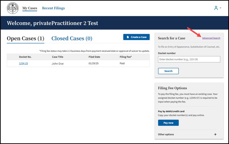 Screen capture of the Practitioner Dashboard with an arrow pointing to the Advanced Search link.