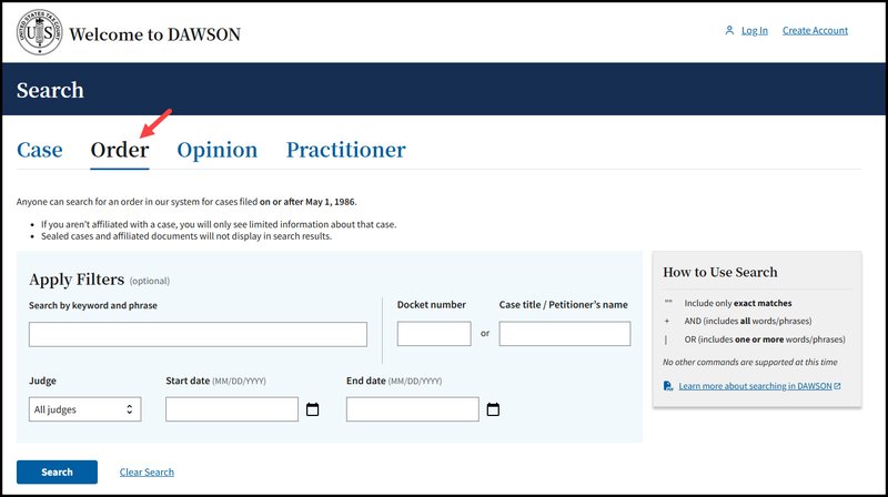Screen capture of the Order Search Page in DAWSON with an arrow pointing to the Order Header.
