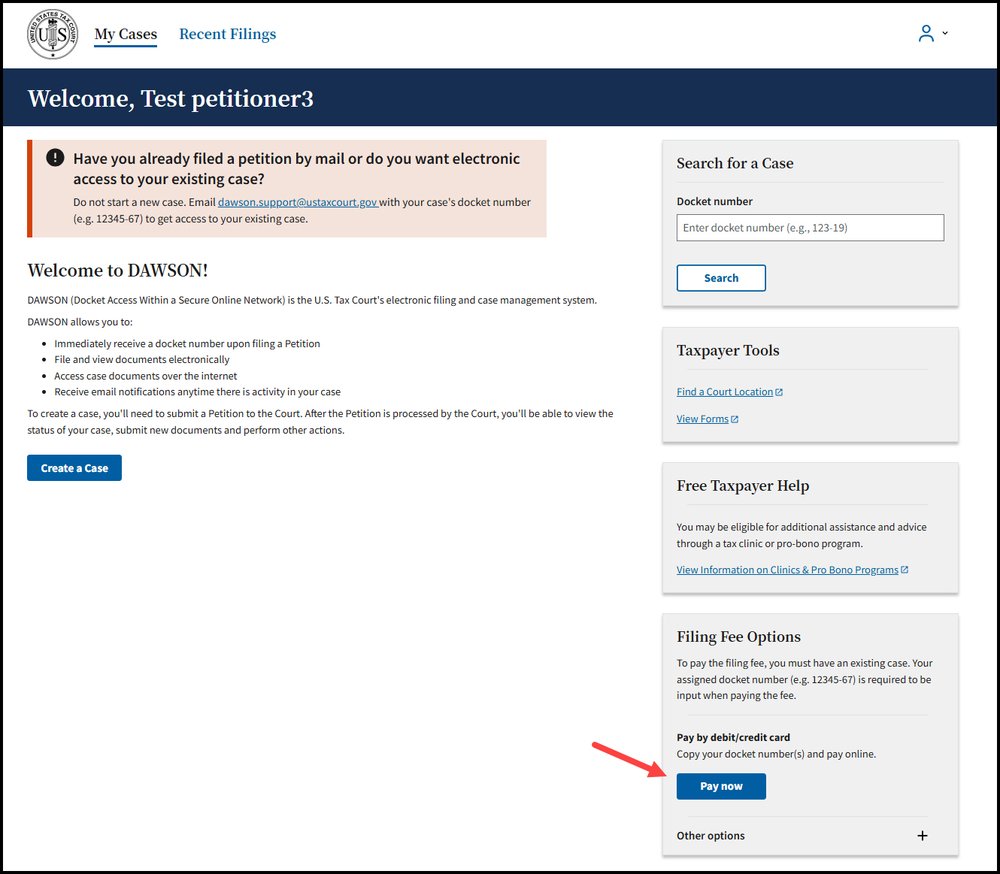 Screen capture of the DAWSON welcome page with an arrow pointing to the Pay now button.