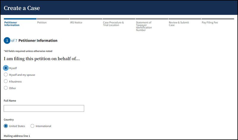 Screen capture of the DAWSON Create a Case page.