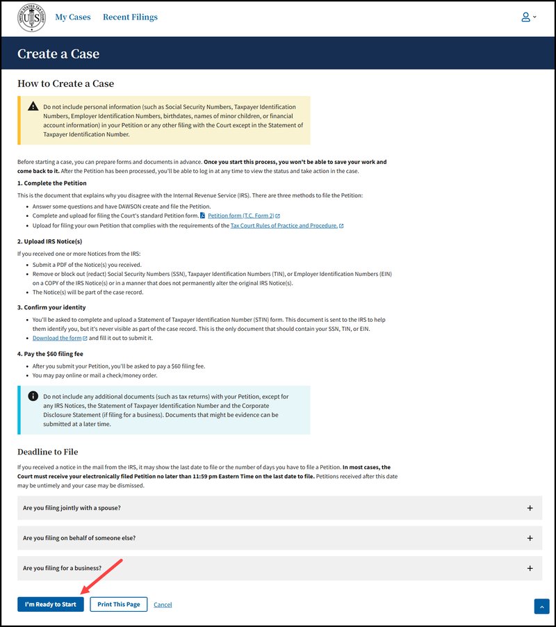 Screen capture of the DAWSON How to Create a Case page with an arrow pointing to the "I'm Ready to Start" button.